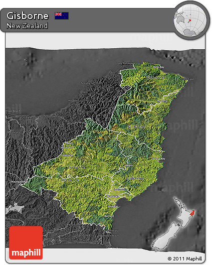 Satellite 3D Map of Gisborne, darken, desaturated