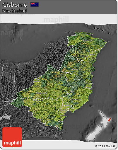 Satellite 3D Map of Gisborne, darken, desaturated