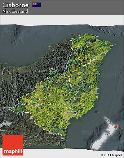 Satellite 3D Map of Gisborne, darken, semi-desaturated