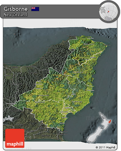 Satellite 3D Map of Gisborne, darken, semi-desaturated