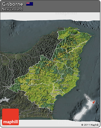 Satellite 3D Map of Gisborne, darken, semi-desaturated