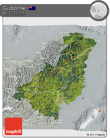 Satellite 3D Map of Gisborne, lighten, semi-desaturated