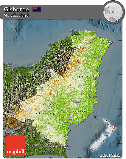 Physical Map of Gisborne, darken