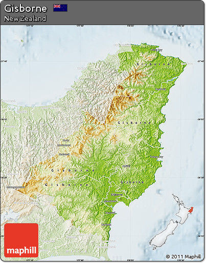 Physical Map of Gisborne, lighten