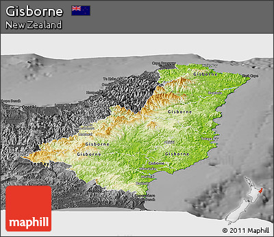 Physical Panoramic Map of Gisborne, darken, desaturated