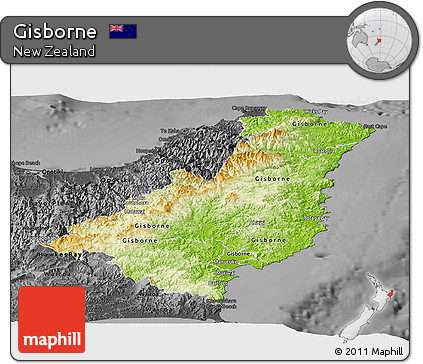 Physical Panoramic Map of Gisborne, darken, desaturated