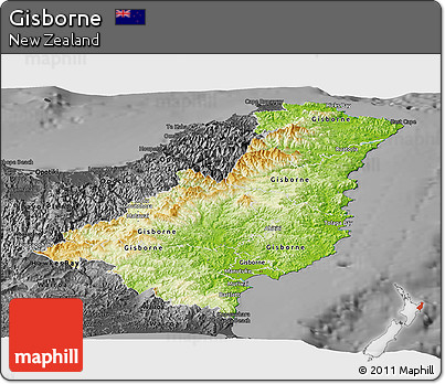 Physical Panoramic Map of Gisborne, darken, desaturated