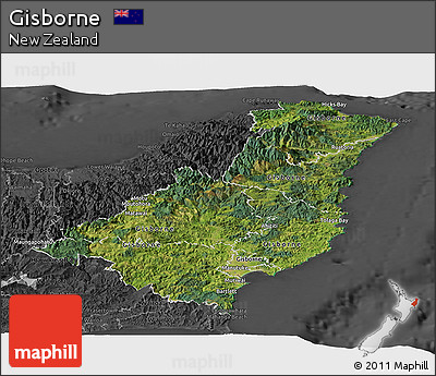 Satellite Panoramic Map of Gisborne, darken, desaturated