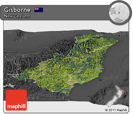 Satellite Panoramic Map of Gisborne, darken, desaturated
