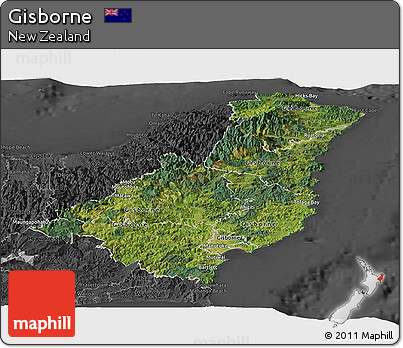 Satellite Panoramic Map of Gisborne, darken, desaturated