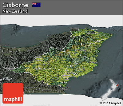 Satellite Panoramic Map of Gisborne, darken, semi-desaturated