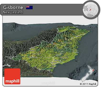 Satellite Panoramic Map of Gisborne, darken, semi-desaturated