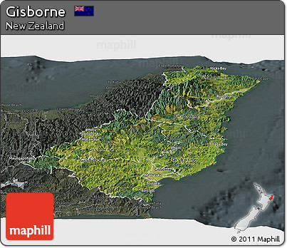 Satellite Panoramic Map of Gisborne, darken, semi-desaturated