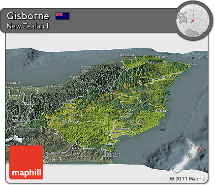 Satellite Panoramic Map of Gisborne, semi-desaturated