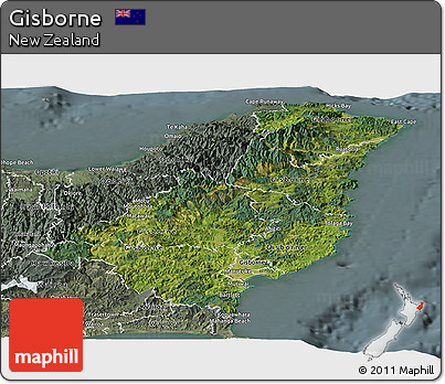 Satellite Panoramic Map of Gisborne, semi-desaturated