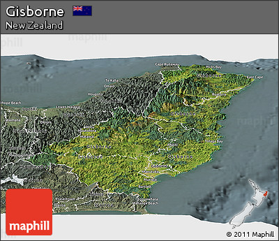 Satellite Panoramic Map of Gisborne, semi-desaturated