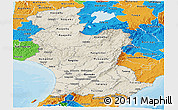 Shaded Relief Panoramic Map of Manawatu-Wanganui, political outside