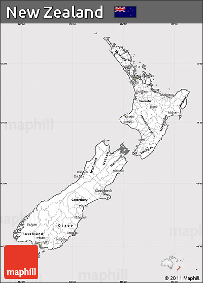 Silver Style Simple Map of New Zealand, cropped outside