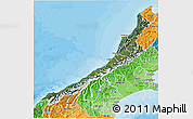 Satellite 3D Map of West Coast, political shades outside