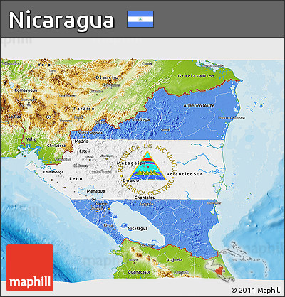 Flag 3D Map of Nicaragua, physical outside, bathymetry sea, flag centered