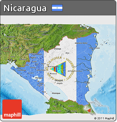 Flag 3D Map of Nicaragua, satellite outside, bathymetry sea, flag aligned to the middle