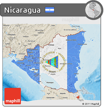 Flag 3D Map of Nicaragua, shaded relief outside, flag aligned to the middle