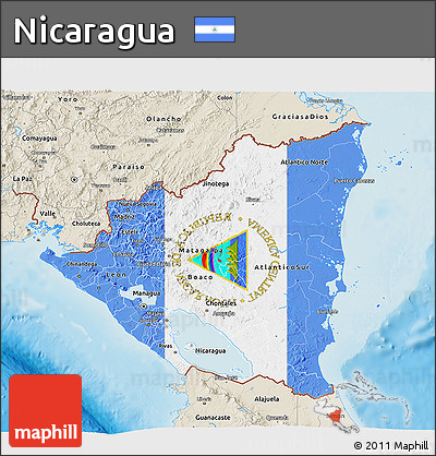 Flag 3D Map of Nicaragua, shaded relief outside, flag aligned to the middle