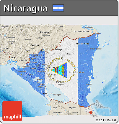 Flag 3D Map of Nicaragua, shaded relief outside, flag aligned to the middle