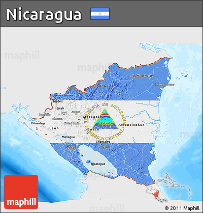 Flag 3D Map of Nicaragua, single color outside, bathymetry sea, flag centered