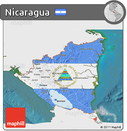 Flag 3D Map of Nicaragua, single color outside, satellite sea, flag centered