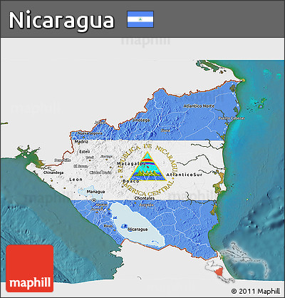 Flag 3D Map of Nicaragua, single color outside, satellite sea, flag centered
