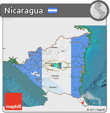 Flag 3D Map of Nicaragua, single color outside, satellite sea, flag rotated