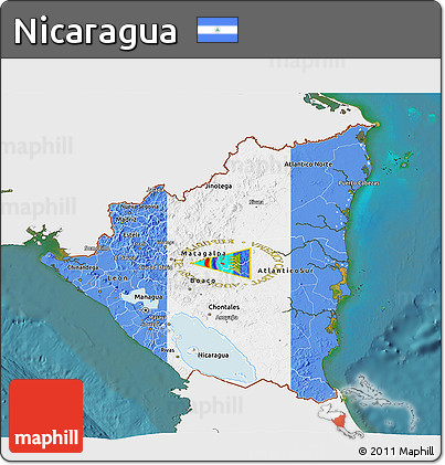 Flag 3D Map of Nicaragua, single color outside, satellite sea, flag rotated