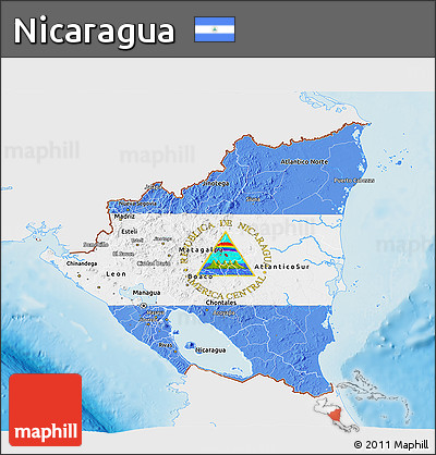 Flag 3D Map of Nicaragua, single color outside, shaded relief sea, flag centered