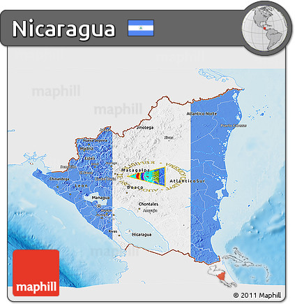 Flag 3D Map of Nicaragua, single color outside, shaded relief sea, flag rotated