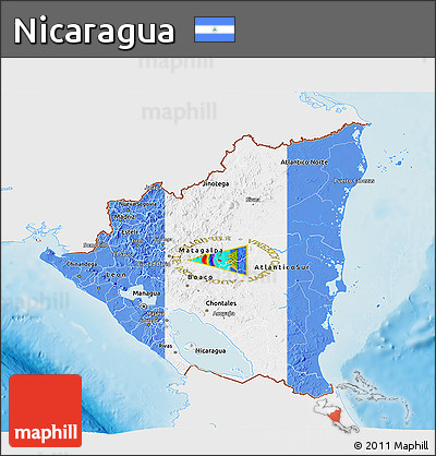 Flag 3D Map of Nicaragua, single color outside, shaded relief sea, flag rotated