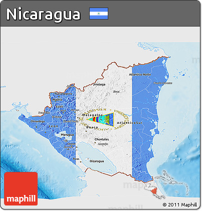 Flag 3D Map of Nicaragua, single color outside, shaded relief sea, flag rotated