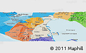 Shaded Relief Panoramic Map of Granada, political shades outside