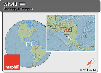 Savanna Style Location Map of Wiwili, within the entire country, hill shading