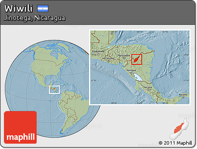 Savanna Style Location Map of Wiwili, within the entire country, hill shading