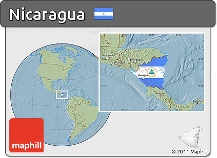 Flag Location Map of Nicaragua, savanna style outside, hill shading outside