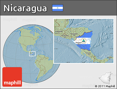 Flag Location Map of Nicaragua, savanna style outside, hill shading outside