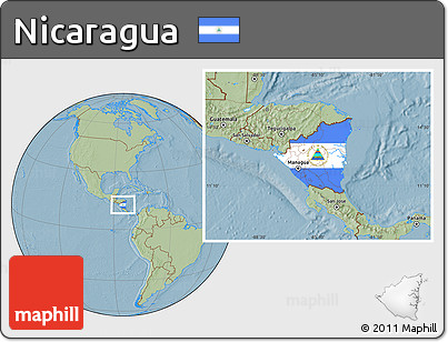 Flag Location Map of Nicaragua, savanna style outside, hill shading outside