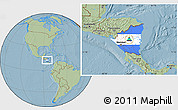 Flag Location Map of Nicaragua, savanna style outside, hill shading outside
