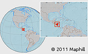 Gray Location Map of Nicaragua, within the entire continent, hill shading