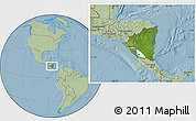 Satellite Location Map of Nicaragua, savanna style outside, hill shading