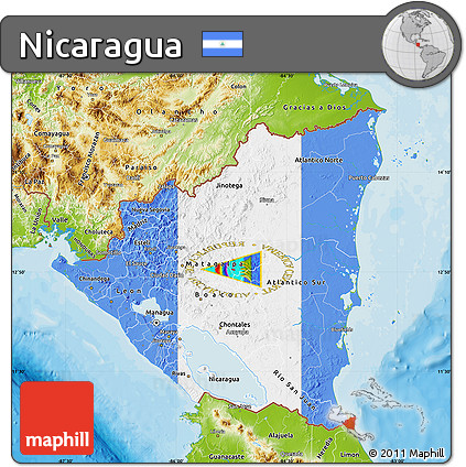 Flag Map of Nicaragua, physical outside, bathymetry sea, flag rotated