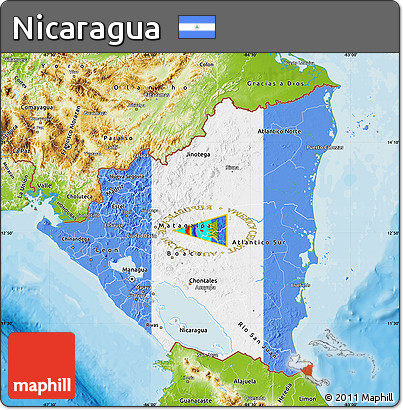 Flag Map of Nicaragua, physical outside, bathymetry sea, flag rotated