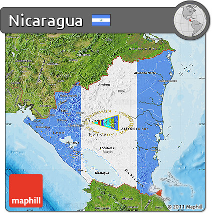 Flag Map of Nicaragua, satellite outside, bathymetry sea, flag rotated