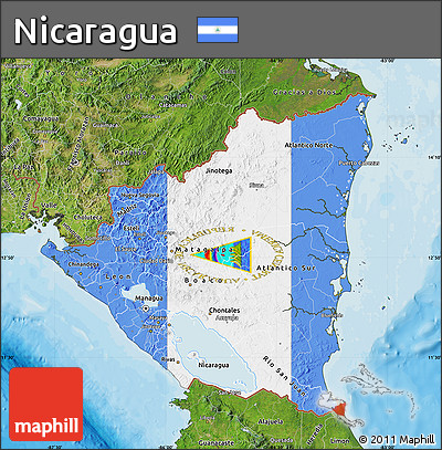 Flag Map of Nicaragua, satellite outside, bathymetry sea, flag rotated